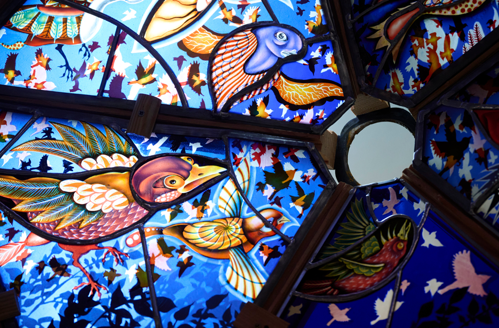 A close-up of the stained glass panels in the dome that artist Judith Schaechter is building.